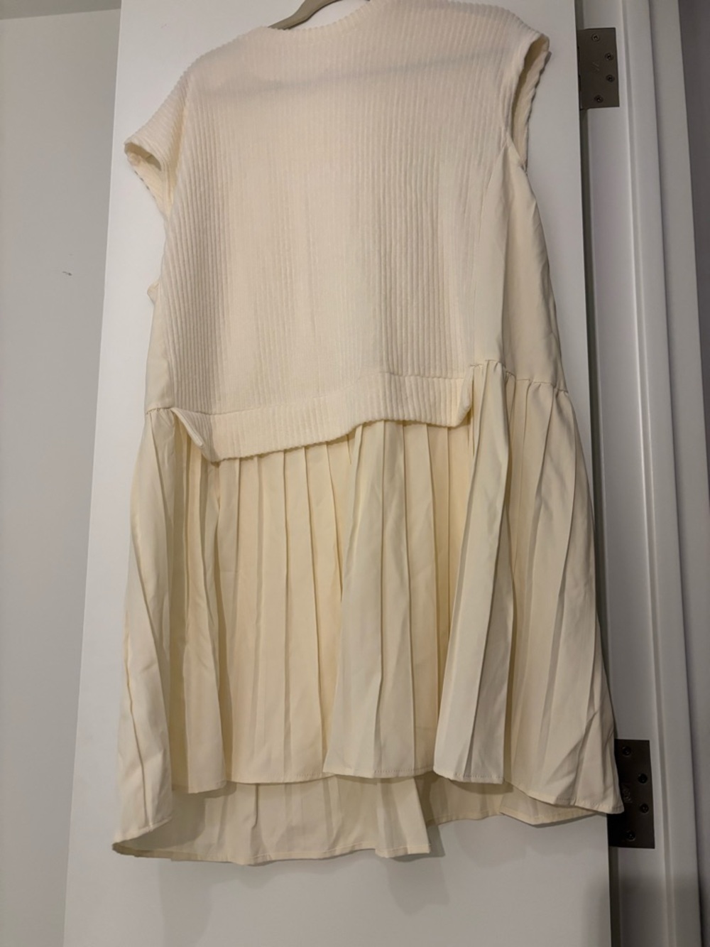 Cream Pleated Midi Dress with Knit Bodice